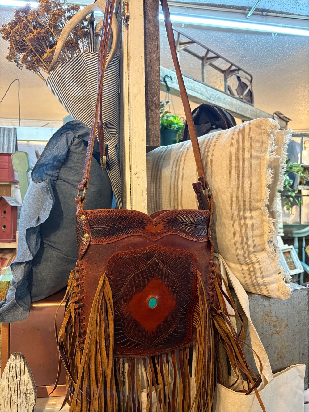 Brown Leather Fringe Crossbody Bag with Turquoise Accent